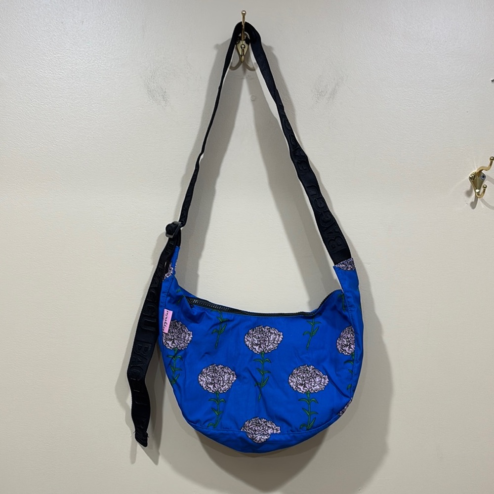 Baggu X BoyGenius Medium Nylon Crescent Floral Blue Shoulder Bag